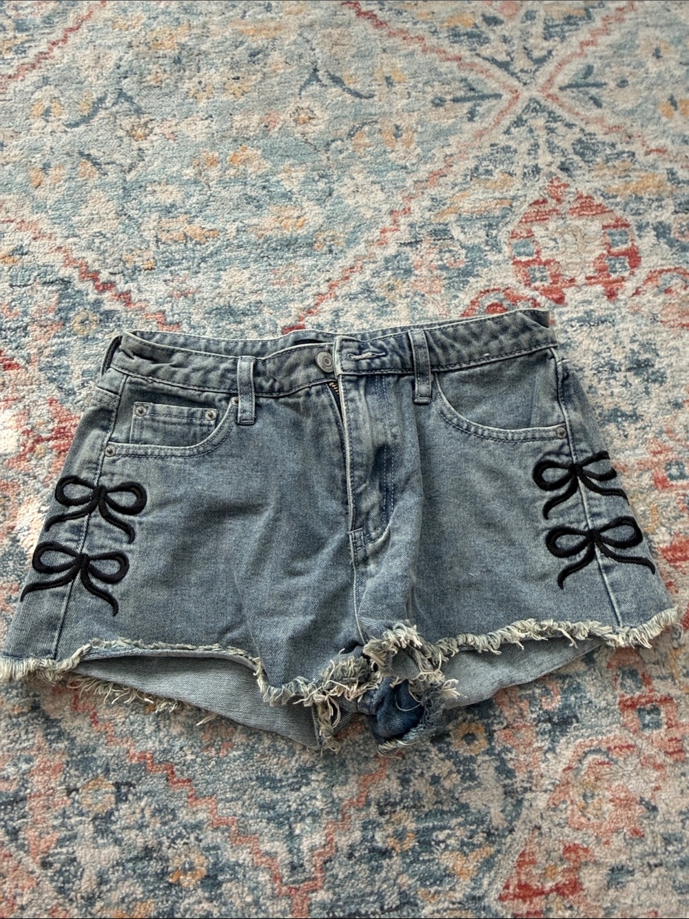Aeropostale Light Blue Denim Shorts with Black Bow Accents